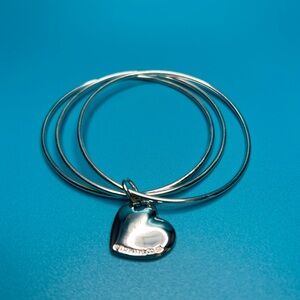 Tiffany & Co. Sterling Silver Triple Bangle Bracelet With Heart Charm, 7”